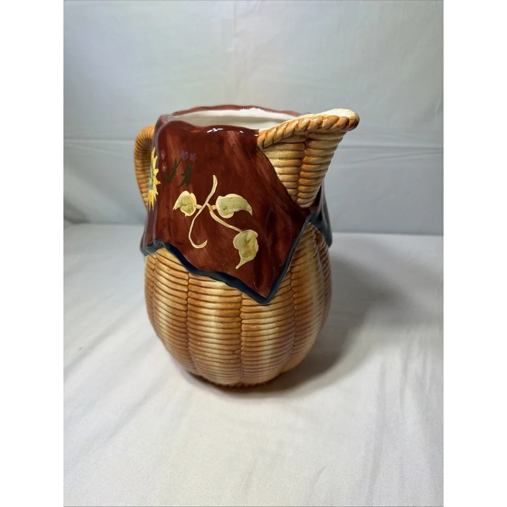 WCL Hand Painted Ceramic Pitcher Basket Weave with Sunflowers 9